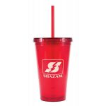 Red tumbler with straw and logo