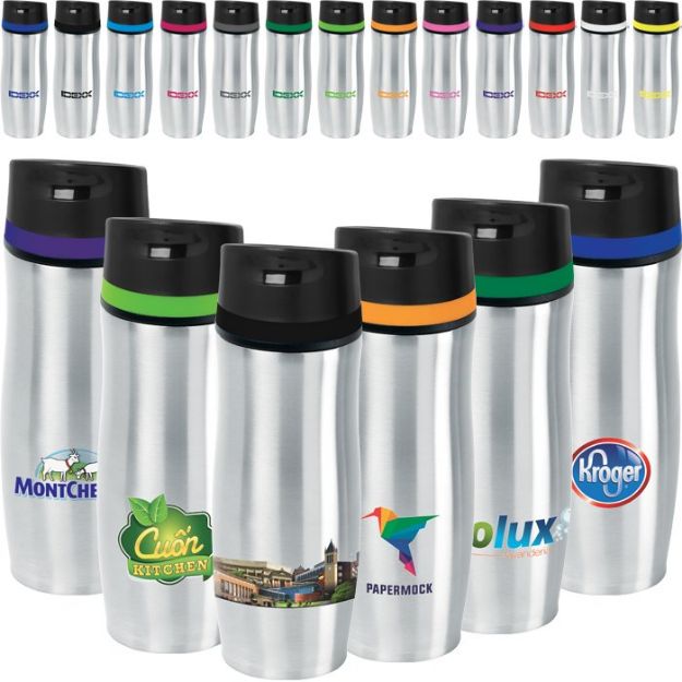 Persona Promotional Travel Mug with Color Band in Stainless Steel
