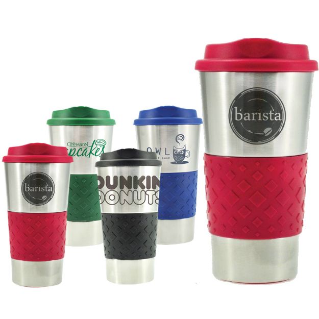 Grip n Go Stainless Steel Travel Mug with Grip and Silicone Lid custom imprinted.  16 oz.