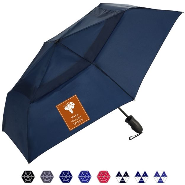 Windjammer ShedRain Auto Open and Close Umbrellas with custom logo.  Promotional compact umbrella.
