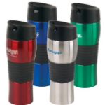 Java Vacuum Travel Mugs and Tumblers with spill proof lid and double walled stainless steel custom imprinted