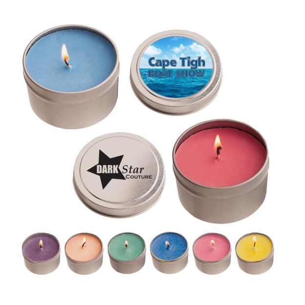 Soy Candle Tins with a promotional custom imprint in a 2 oz. size.
