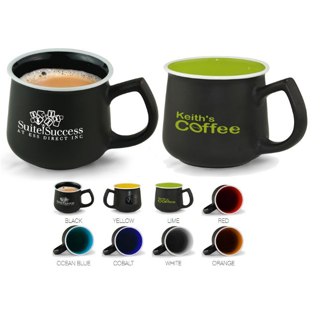 Le Castor Designer Mug with a coffee house design and your custom imprint.