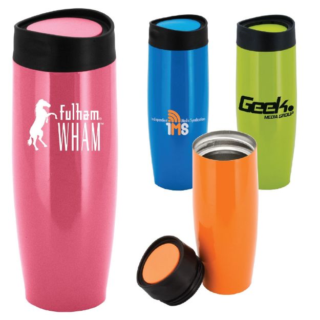 Saturn Tumbler in awareness pink and other color with custom imprint, stainless steel