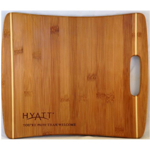 Jumbo Bamboo Two Tone Cutting Board with a handle and laser engraved imprint.