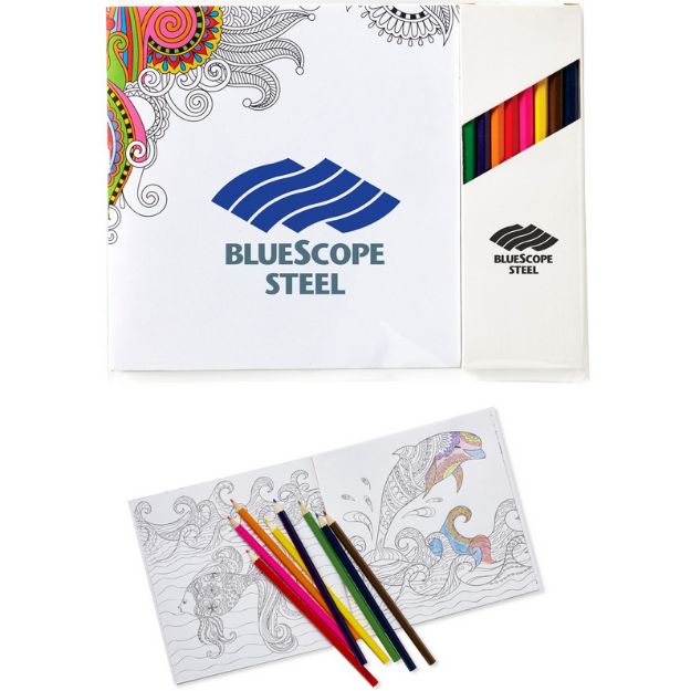 Deluxe 7"x7" Adult Coloring Book & 8-Color Pencil Set and Custom CoverAdul