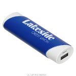 Blue Nuevo 2,200 mAh power bank customized with your logo by Adco Marketing
