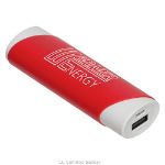 Red Nuevo 2,200 mAh power bank customized with your logo by Adco Marketing