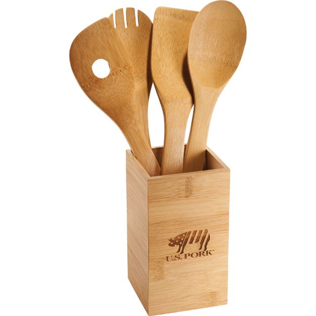 Bamboo 4-piece Kitchen Tool Set and Canister customized with your logo