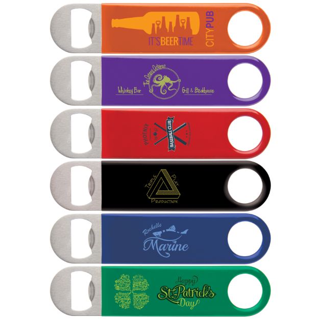 Color Wrapped Classic Paddle Bottle Openers in Stainless Custom Printed