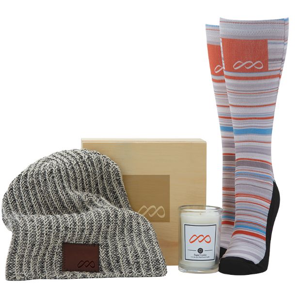 Snowed In Custom Gift Set with Designer Beanie, Soy Scented Candle and Custom Socks