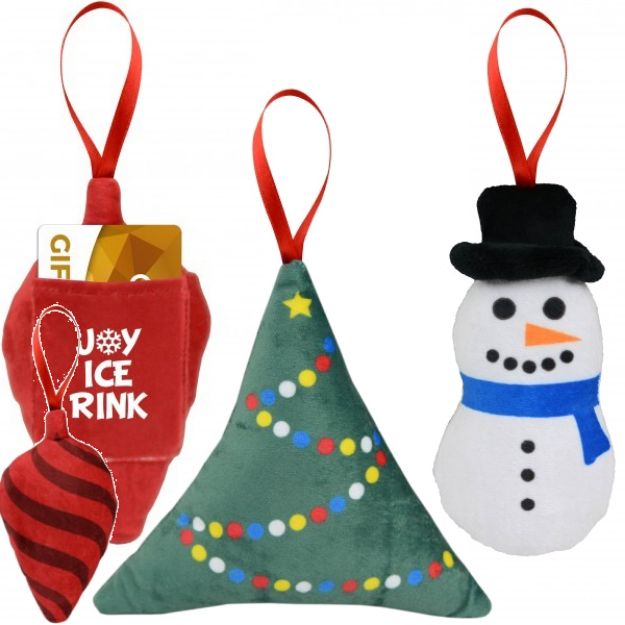Scented Custom Ornaments - Promotional Scented Ornament• Polyester  • Designed as an ornament  • Each ornament is scented to match a favorite holiday scent  • The decorated tree features the fresh scent of pine trees  • The snowman features the minty-fresh scent of peppermint  • The ornament features the spicy scent of cinnamon  • Pocket on the back is the perfect size for gift cards