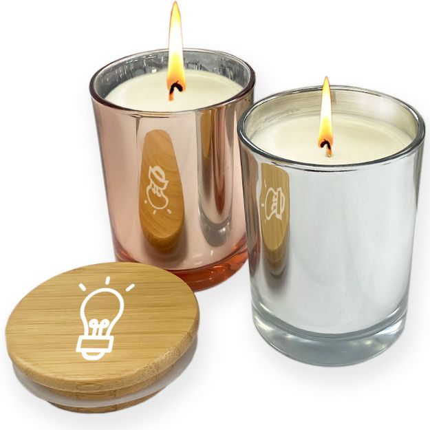 Metallic Glass Candles with Bamboo Lid and Custom Imprint