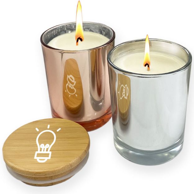Metallic Glass Candles with Bamboo Lid and Custom Imprint