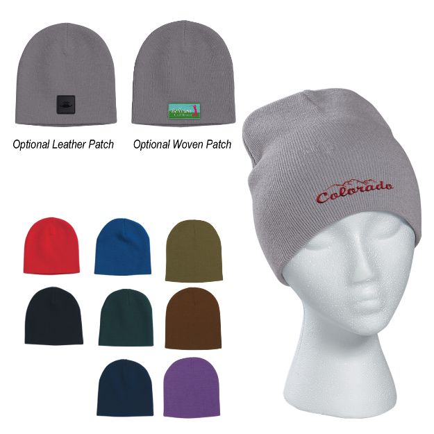 Knit Beanie Cap with custom embroidered logo or logo on leather patch