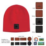 custom logo knit beanie with leather patch