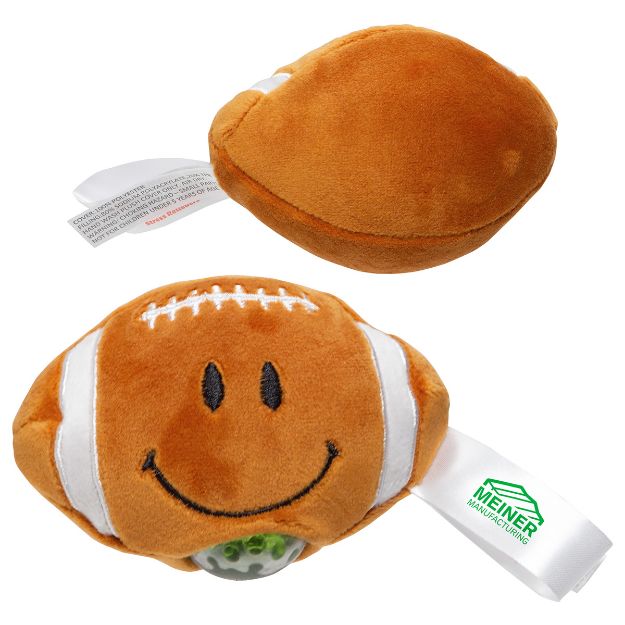 Plush football shaped stress ball with custom logo on white loop tag.