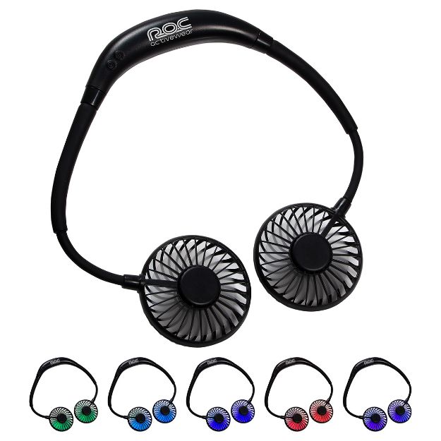 Hands free dual breeze fan with 7 color changing mood lights.
