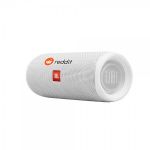 White JBL Flip 5 waterproof portable speaker with custom logo.