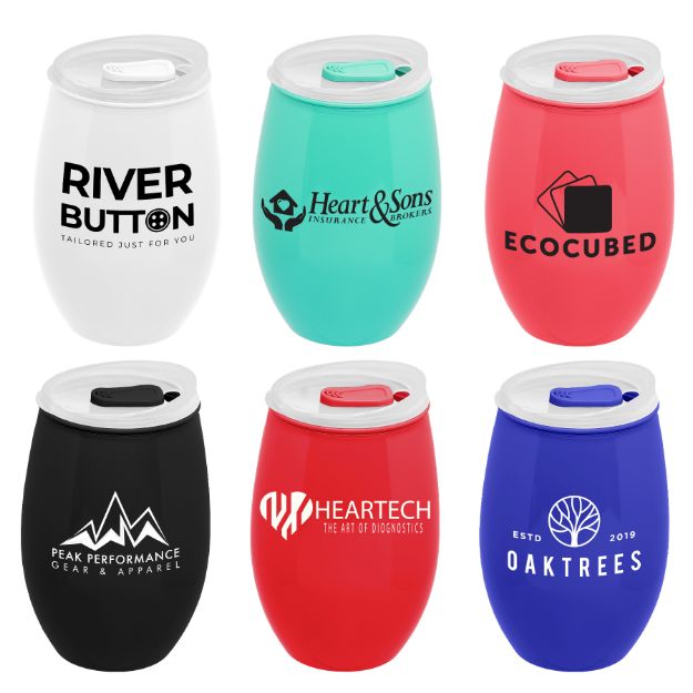16 0z stemless plastic wine cup with custom logo in assorted colors with lid.
