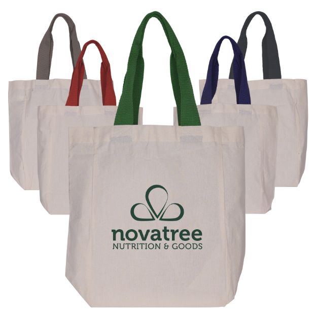 100% Cotton tote bag in natural with colored handles and custom logo.