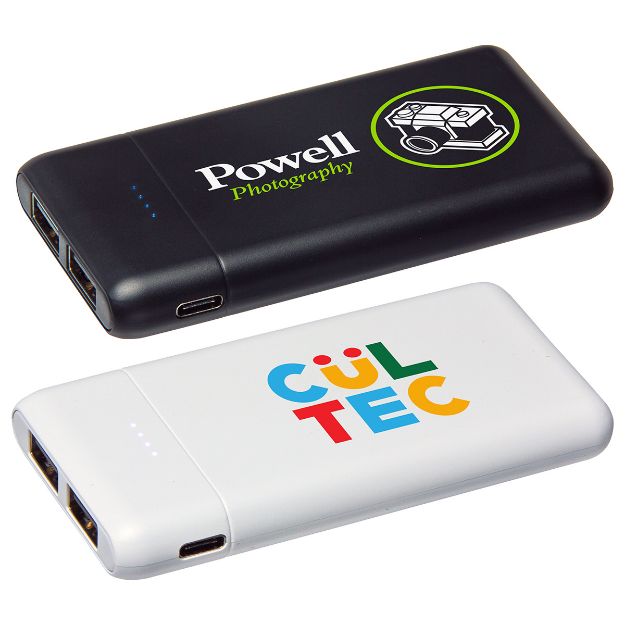 5000mAh Compact sized power bank with dual USB ports in black or white with custom logo.