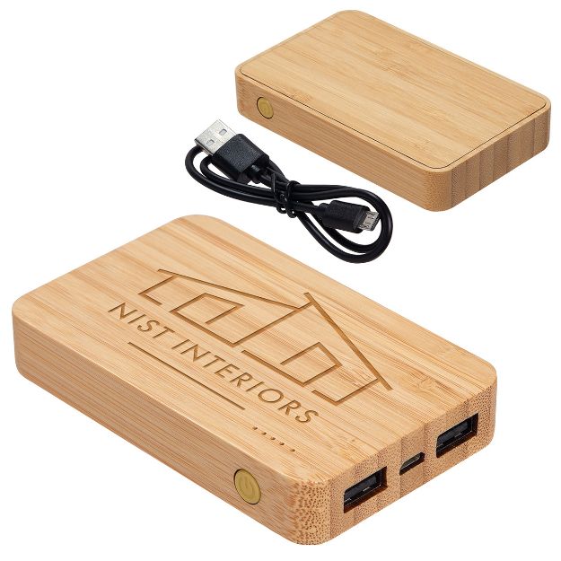 5000mAh Dual Port Power Bank with Wireless Charger with eco friendly bamboo casing and custom logo.
