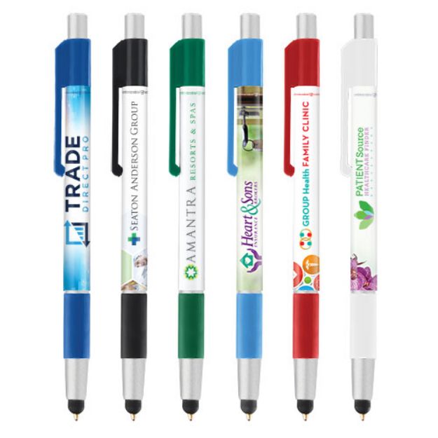 Antimicrobial Colorama stylus and ballpoint pen in assorted colors.