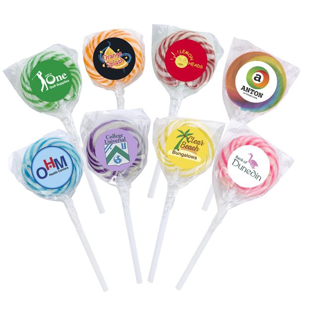 Swirl lollipops with round custom logo label in bright assorted colors.