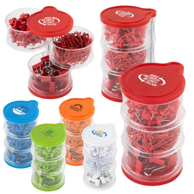 3 tier tower of paper clips and push pins in assorted colors.