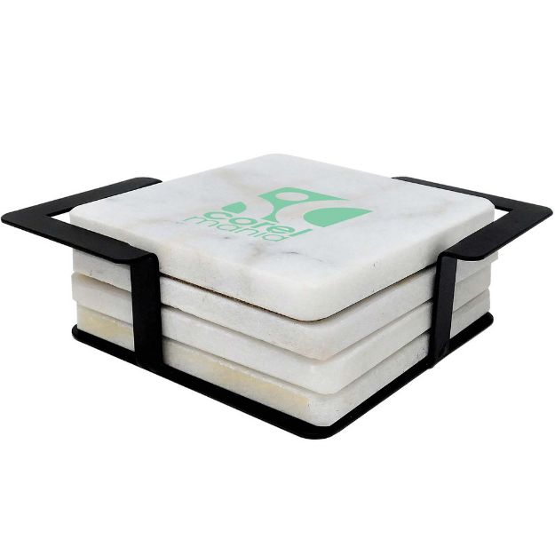 Custom Print 4 Pc. Square White Marble Coaster Set With Black Metal Stand