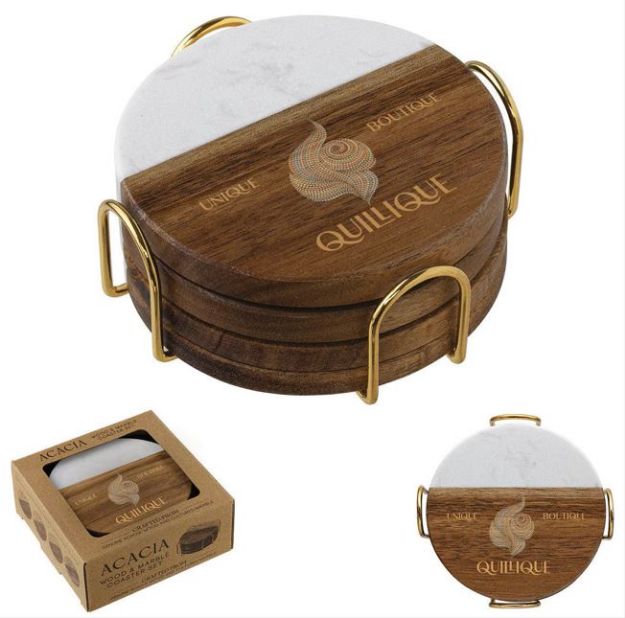Custom Print  Acacia Wood & Marble Coaster Set